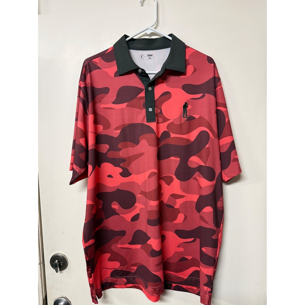 USAG U Suck At Golf Mens XL Red Camo Performance Polo Shirt Short Sleeve Stretch